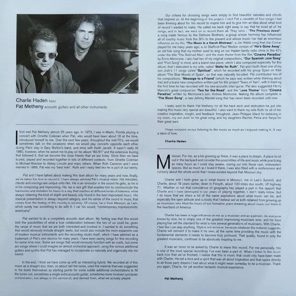 Charlie Haden & Pat Metheny : Beyond The Missouri Sky (Short Stories) (2xLP, Album, RE)