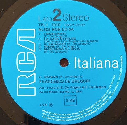 Francesco De Gregori : Alice Non Lo Sa (LP, Album, RE, RP)