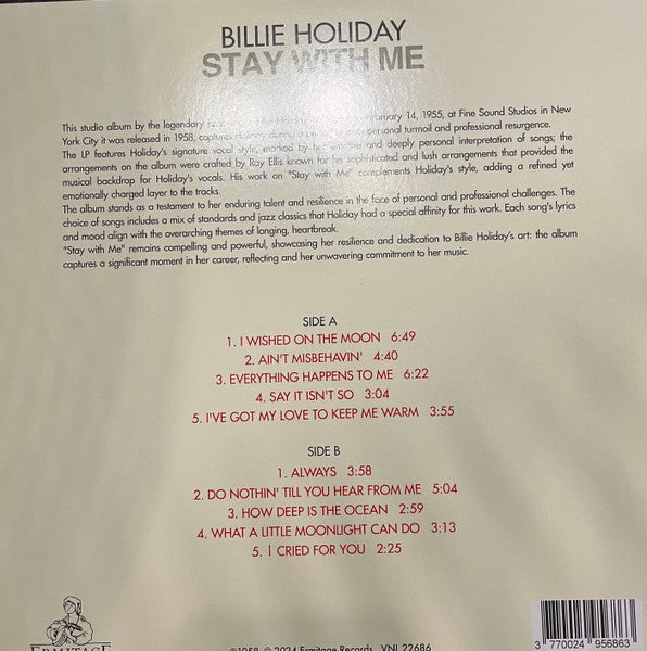 Billie Holiday : Stay With Me (LP, Album, RE, S/Edition, Yel)