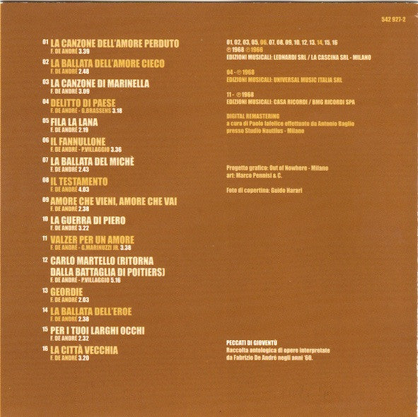 Fabrizio De André : Peccati Di Gioventù (CD, Comp)