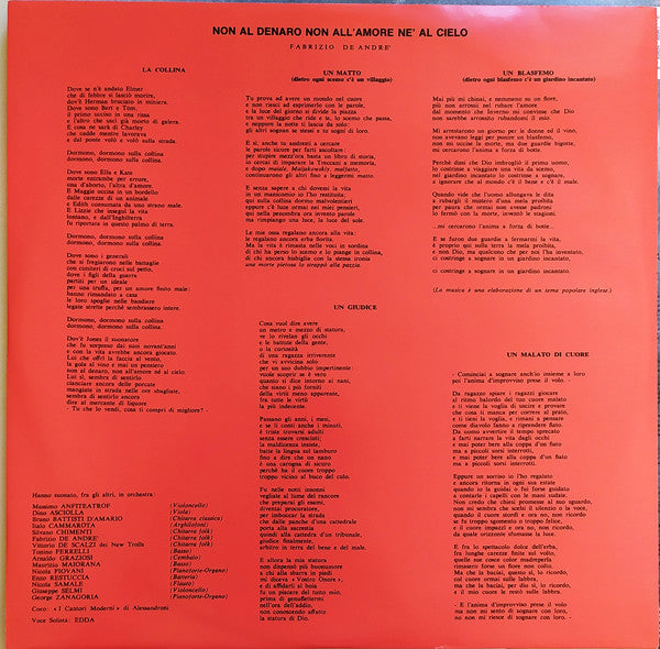 Fabrizio De André : Non Al Denaro Non All'Amore Nè Al Cielo (LP, Album, RE, RM, Gat)