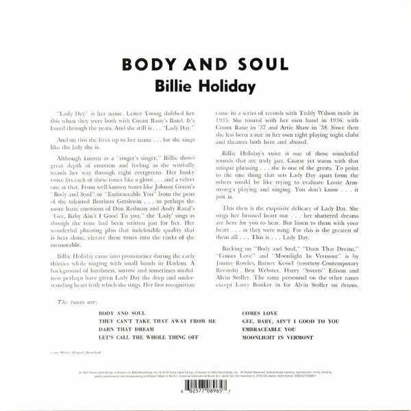 Billie Holiday : Body And Soul (LP, Album, Mono, RE)