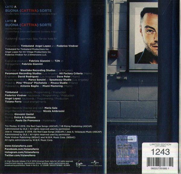 Tiziano Ferro : Buona (Cattiva) Sorte (7", Single, Ltd, Num)