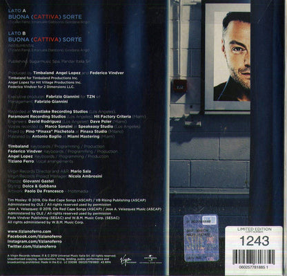 Tiziano Ferro : Buona (Cattiva) Sorte (7", Single, Ltd, Num)