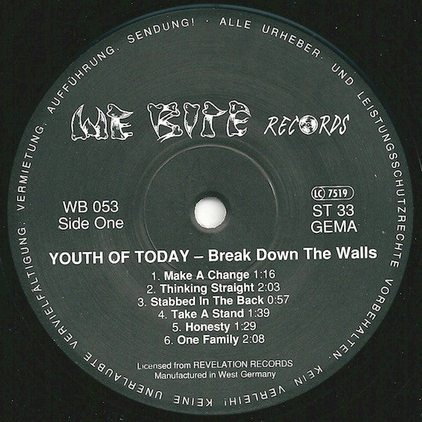 Youth Of Today : Break Down The Walls (LP, Album, RE)