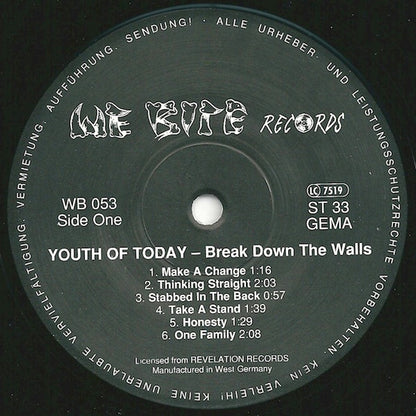 Youth Of Today : Break Down The Walls (LP, Album, RE)