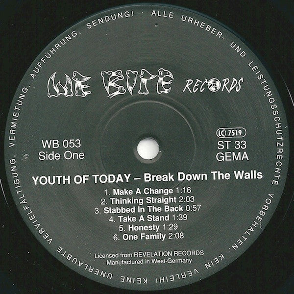 Youth Of Today : Break Down The Walls (LP, Album, RE)