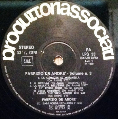 Fabrizio De André : Volume 3° (LP, Album, RE, RP)