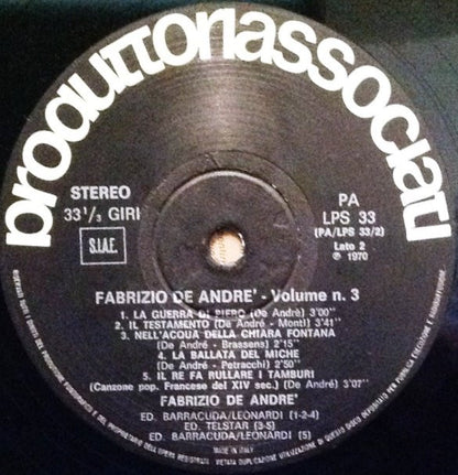 Fabrizio De André : Volume 3° (LP, Album, RE, RP)