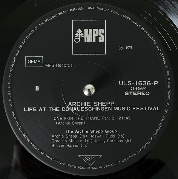 Archie Shepp : Life At The Donaueschingen Music Festival (LP, Album, Ltd, RE)