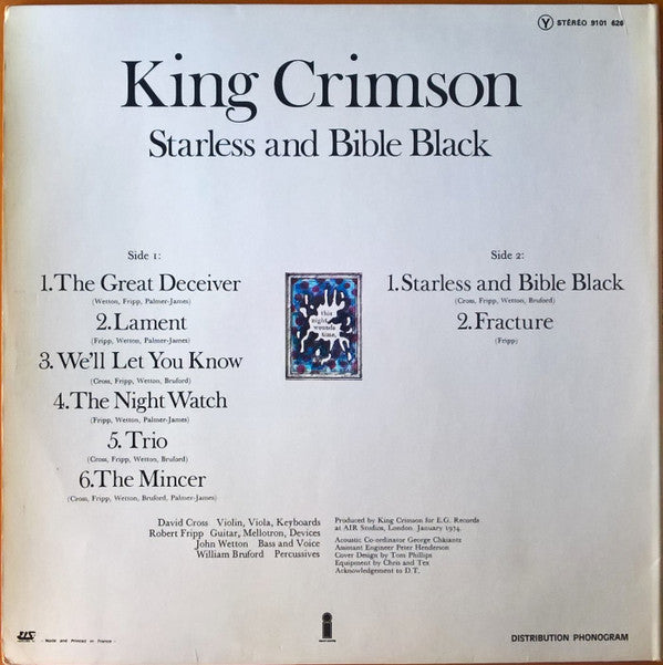 King Crimson : Starless And Bible Black (LP, Album, Gat)