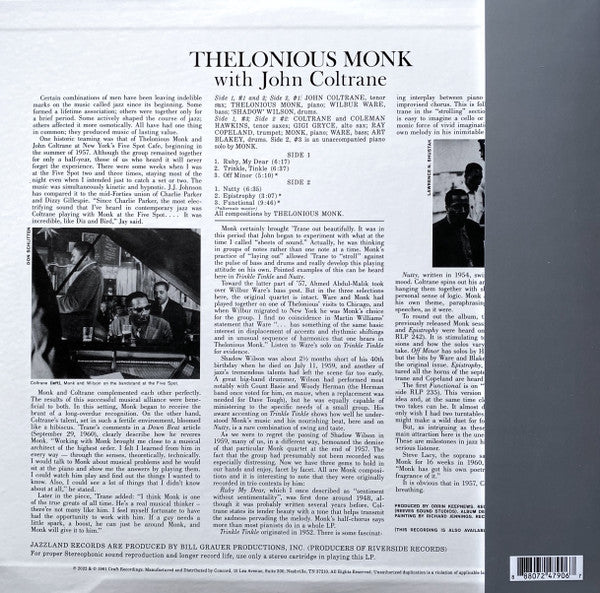 Thelonious Monk With John Coltrane : Thelonious Monk With John Coltrane (LP, Album, Mono, RE, 180)