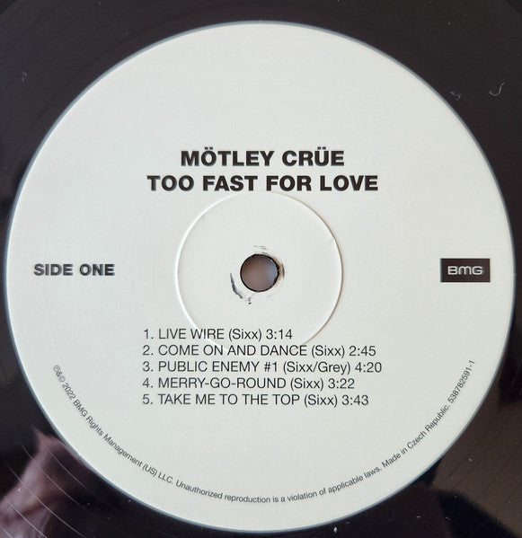 Mötley Crüe : Too Fast For Love (LP, Album, RE, RM)
