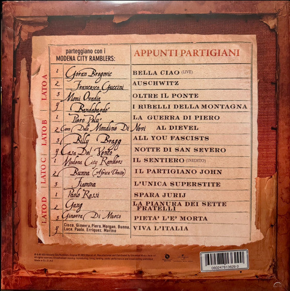 Modena City Ramblers : Appunti Partigiani 1945 - 2005 (2xLP, Album, RP, Red)