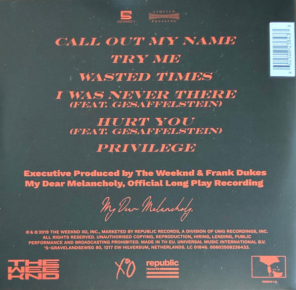 The Weeknd : My Dear Melancholy, (LP, S/Sided, EP, Etch, RE, RP, 180)