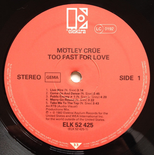 Mötley Crüe : Too Fast For Love (LP, Album)